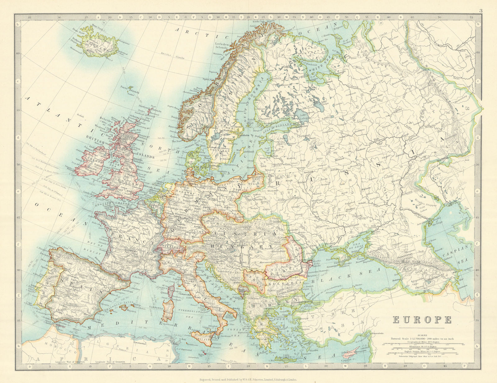EUROPE shown just before the First World War. JOHNSTON 1913 old antique map